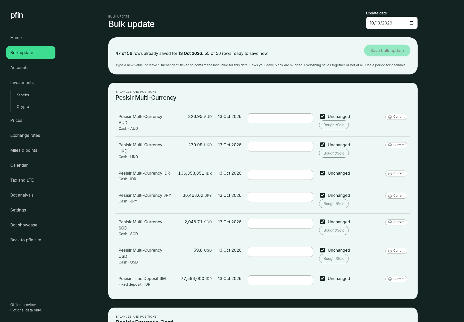 pfin Bulk update screen listing every balance, position, price and rate with its last value and date, defaulting unchanged rows
