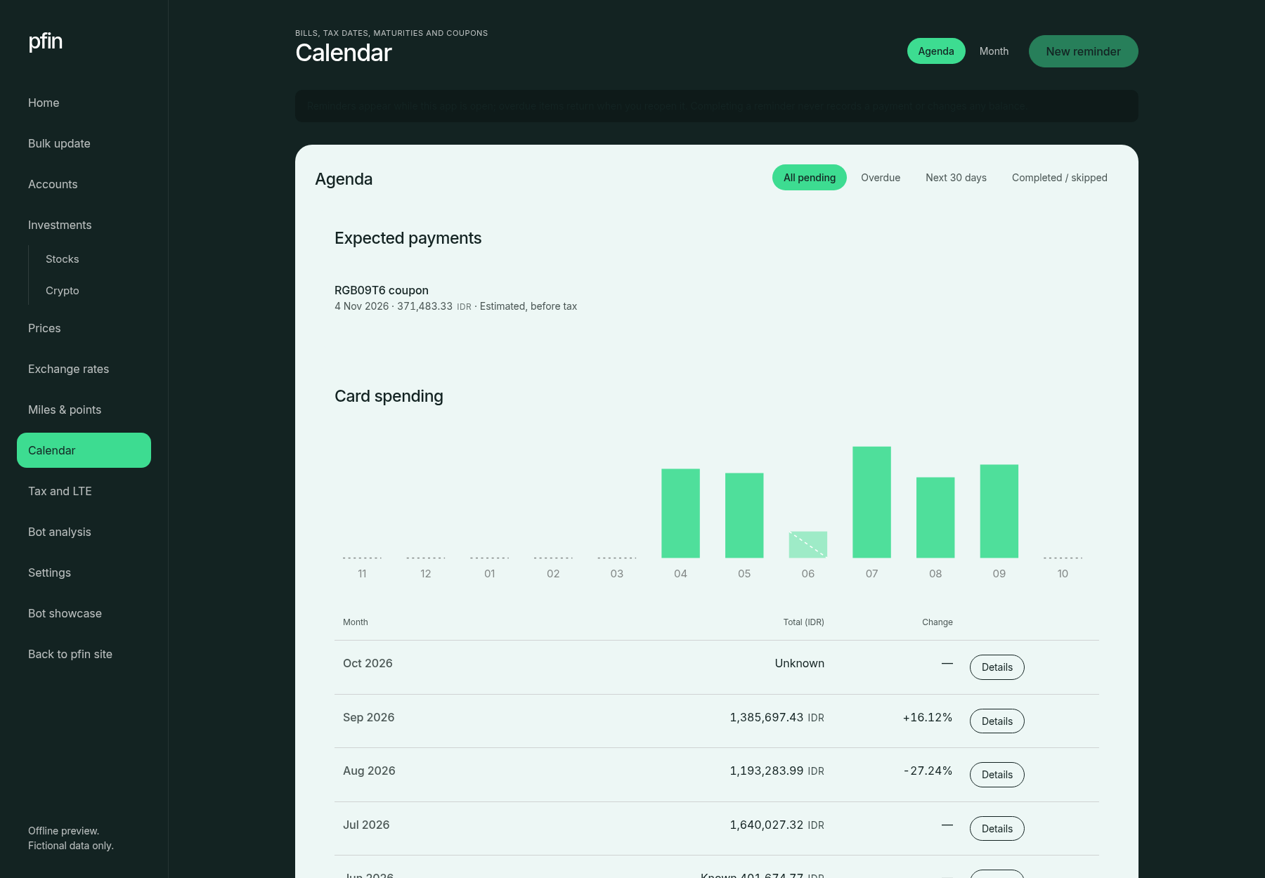 pfin Calendar agenda showing expected bond coupon payments and upcoming card spending, with month and agenda views