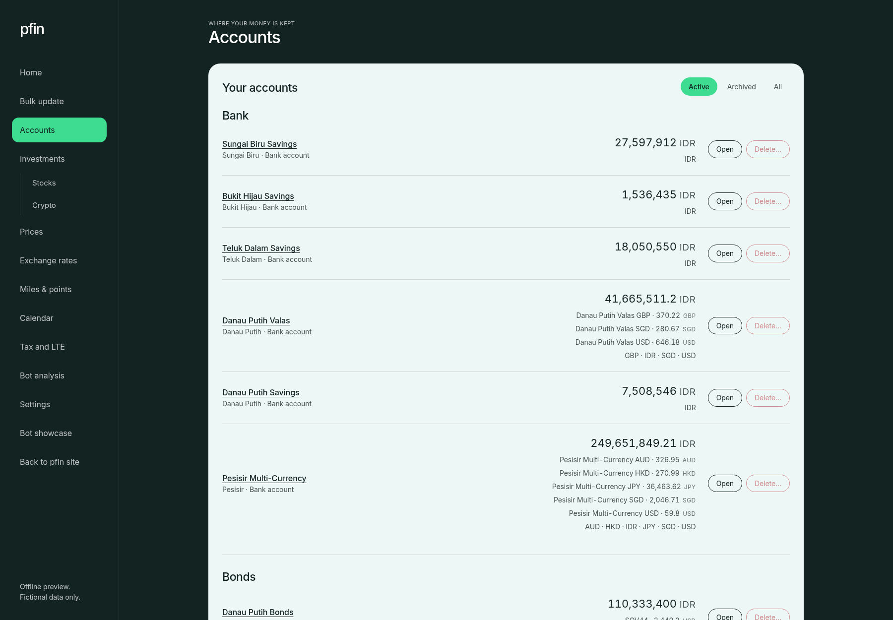 pfin Accounts grouped by type, with per-currency balances for multi-currency accounts at Meridian Bank and Harbour Bank