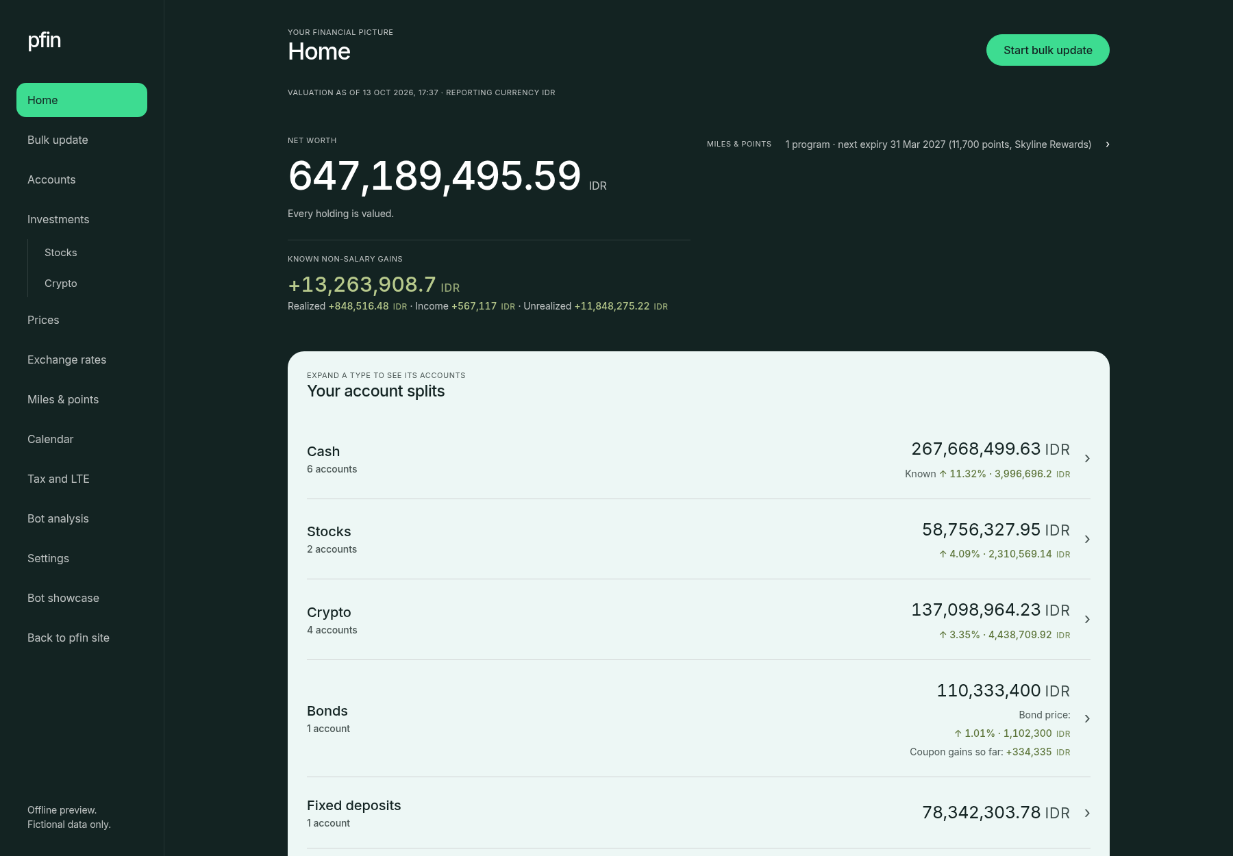 pfin Home with known net worth in IDR, non-salary gains, and expandable splits for cash, stocks, crypto, bonds, deposits and liabilities