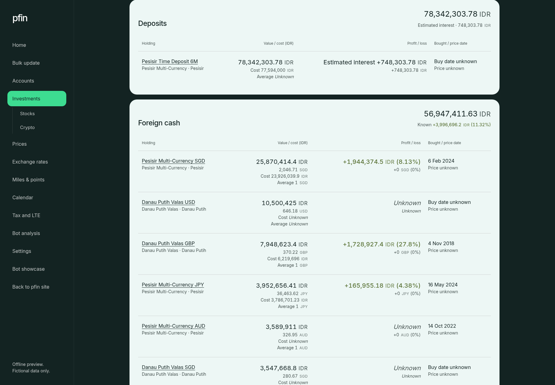 pfin Investments showing a fixed deposit valued as principal plus estimated interest to date