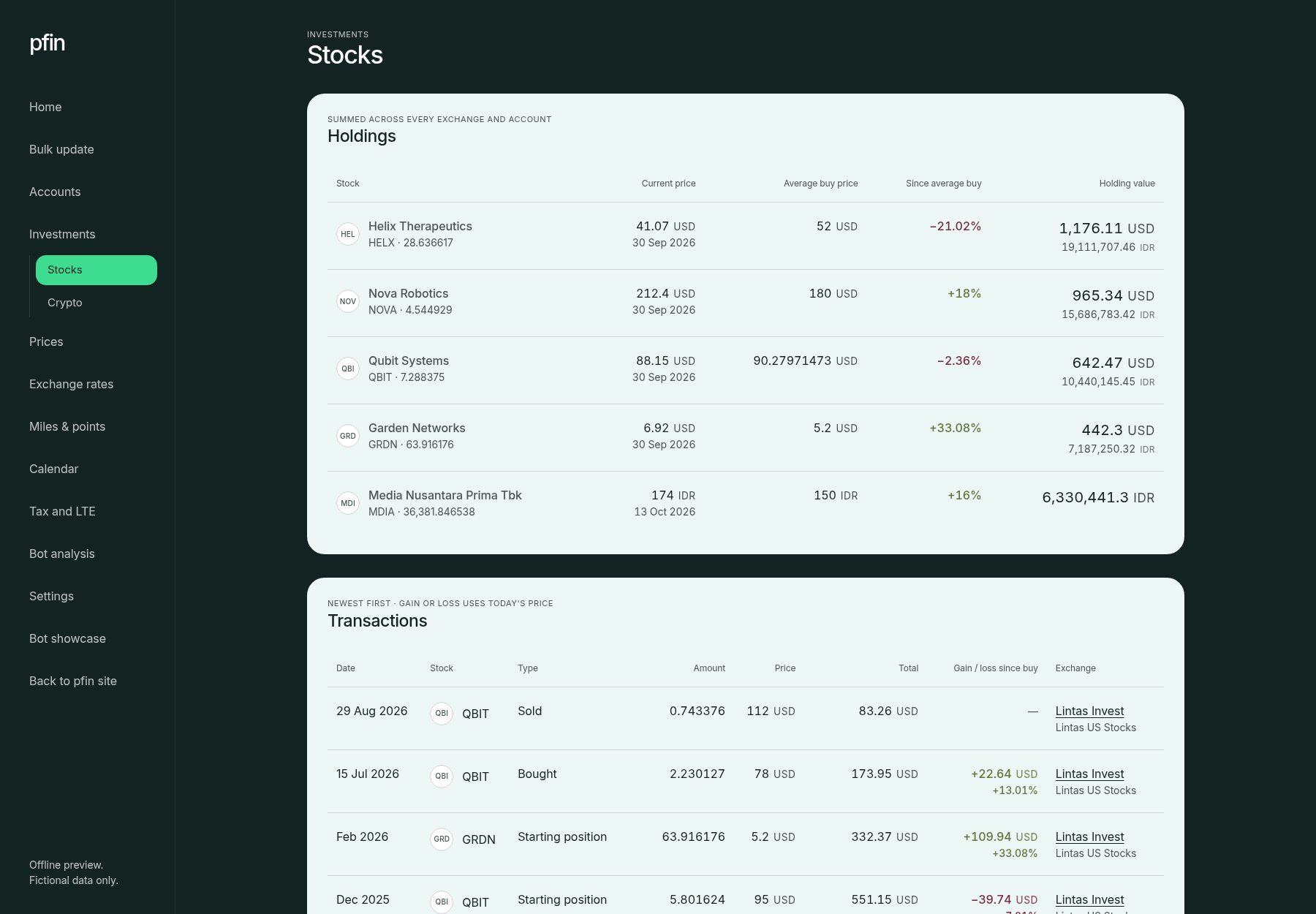 pfin Stocks page with a holdings table of per-instrument quantities, average buy price and value in IDR and USD, and a transactions table