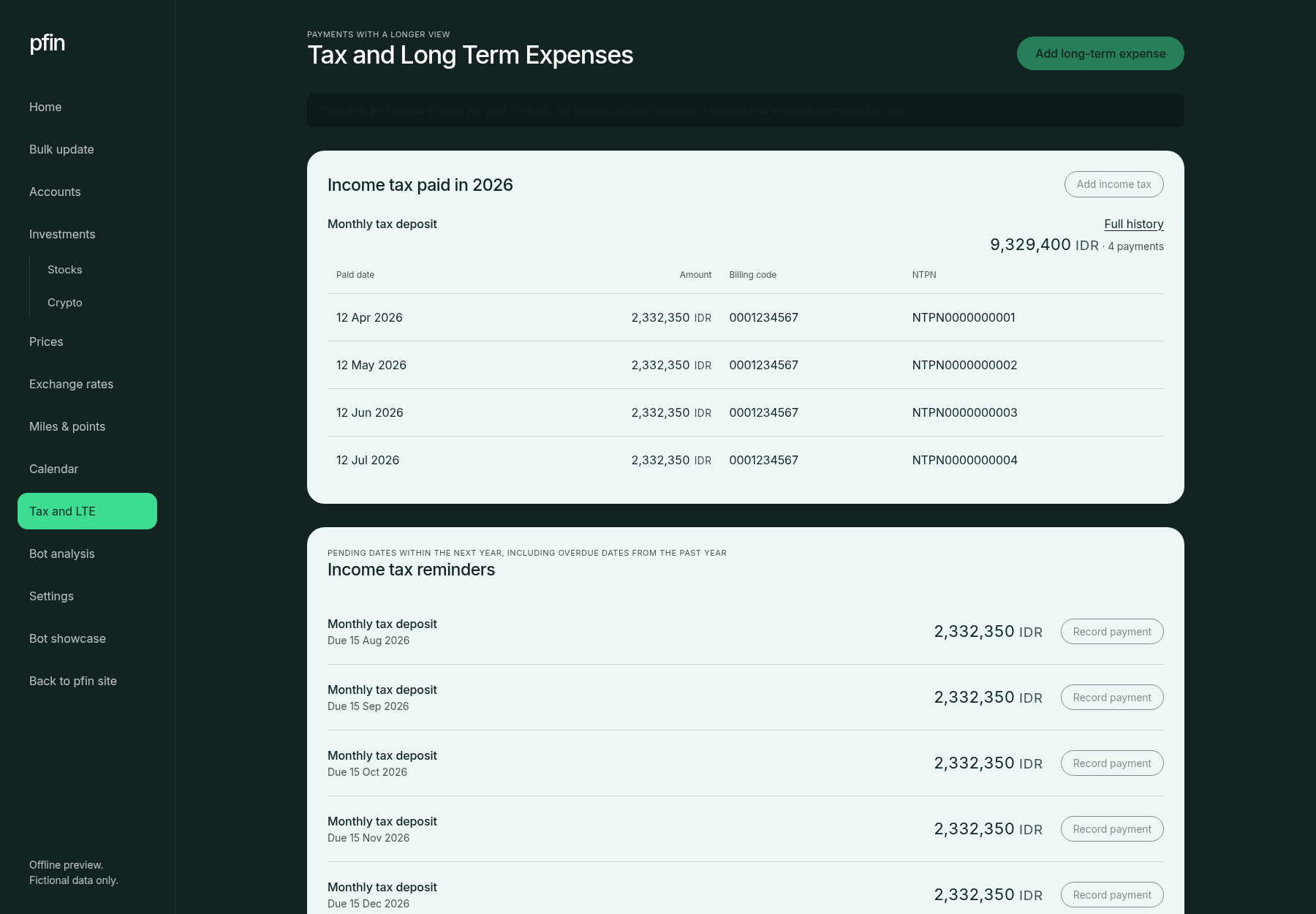 pfin Tax and Long Term Expenses page with income tax payments for the year, each carrying its kode billing and NTPN